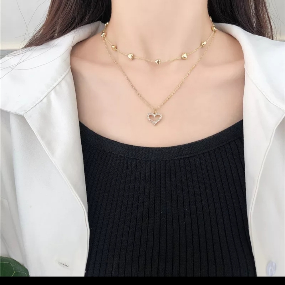 Gemstone heart Dual Double Necklace Chain Link